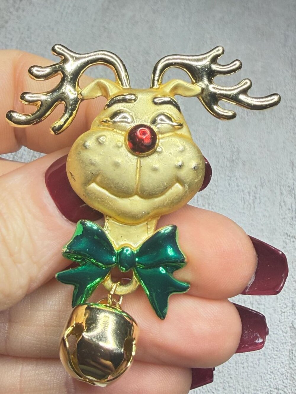 Rudolph Reindeer Brooch Dangling Bell Red Nose Vintage